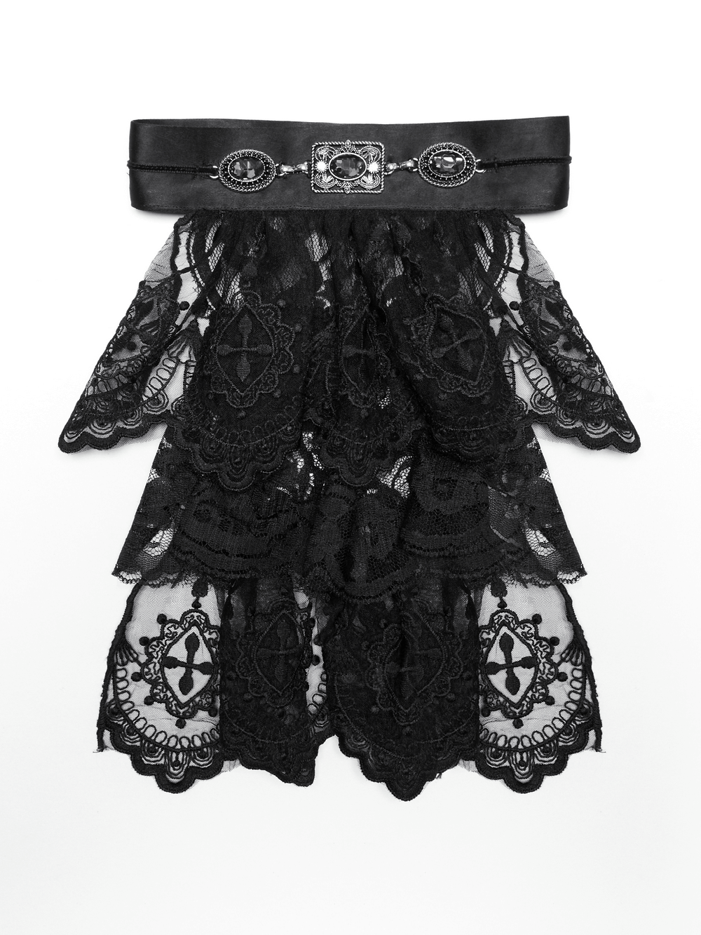 Elegant black lace gothic collar with vintage buttons and layered design, perfect for a luxurious Victorian-inspired look.