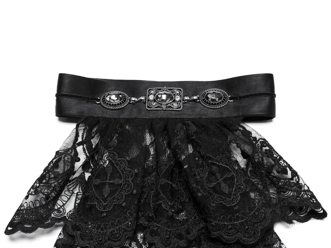 Elegant black lace gothic collar with vintage buttons and pleated detailing for a dramatic look. Perfect for gothic wardrobes.