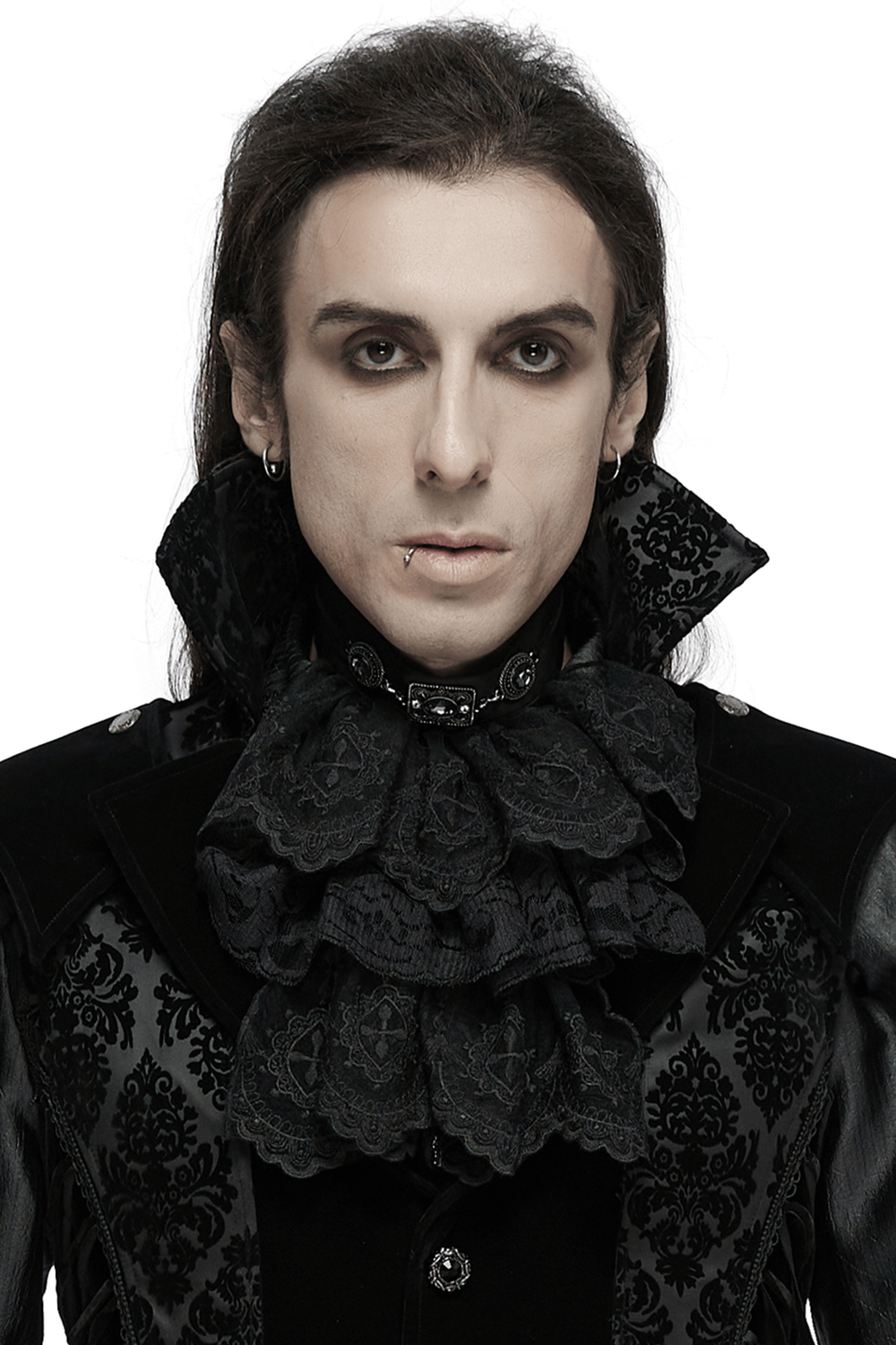 Elegant male model showcasing a dramatic black lace gothic collar with Victorian details and intricate patterns.