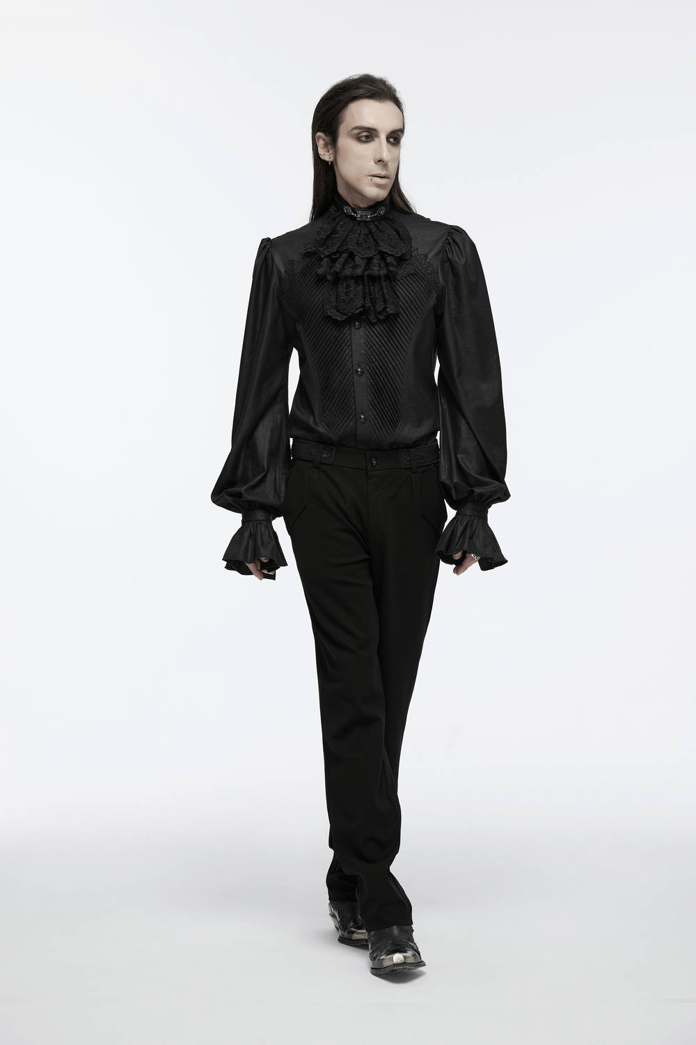 Stylish model wearing a black Gothic shirt with ruffled collar and elegant cuffs, perfect for a dramatic fashion statement.