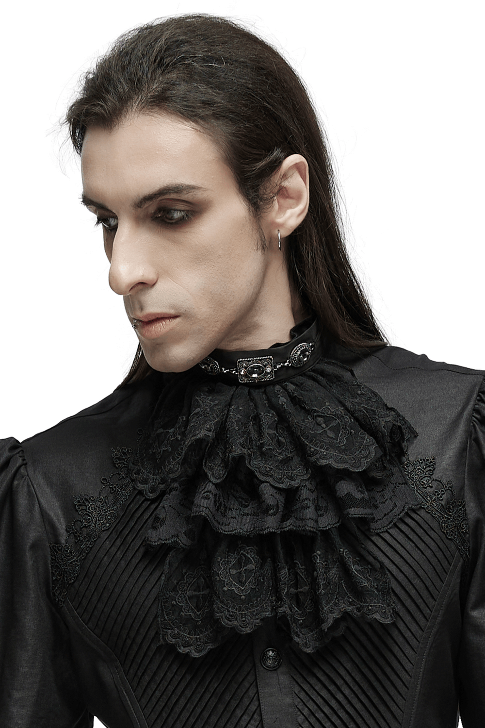 Elegant black lace Gothic collar with Victorian details worn by a model, showcasing intricate design and dramatic flair.