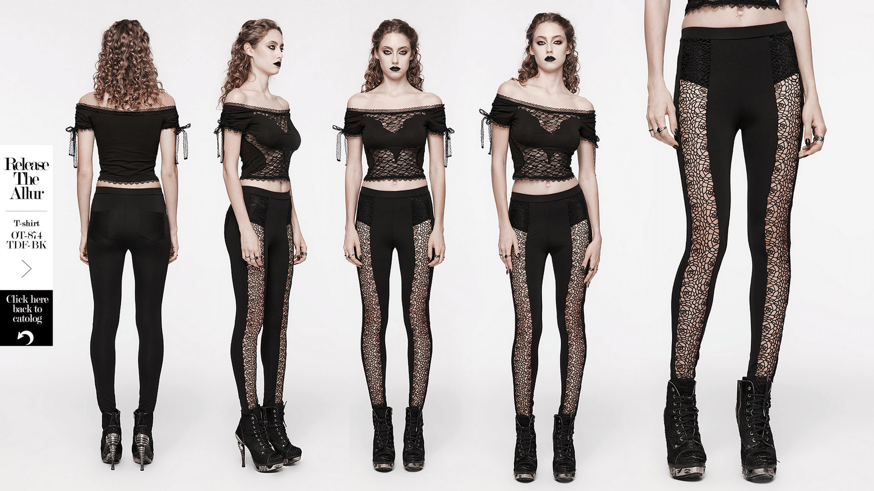 Elegant black lace hollow-out slim fit leggings styled with a lace top, perfect for a goth fashion statement.