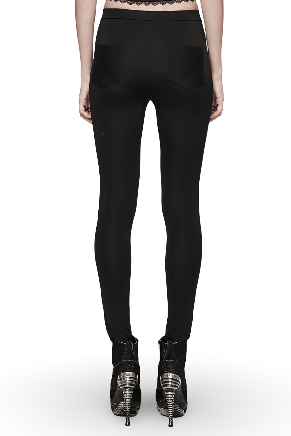 Back view of elegant black lace hollow-out leggings paired with stylish platform boots.