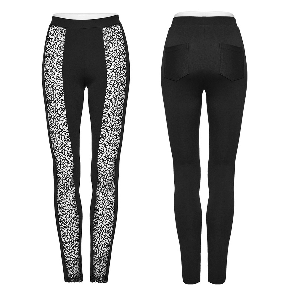 Elegant black lace hollow-out leggings showcasing slim fit and gothic style, perfect for dark fashion enthusiasts.