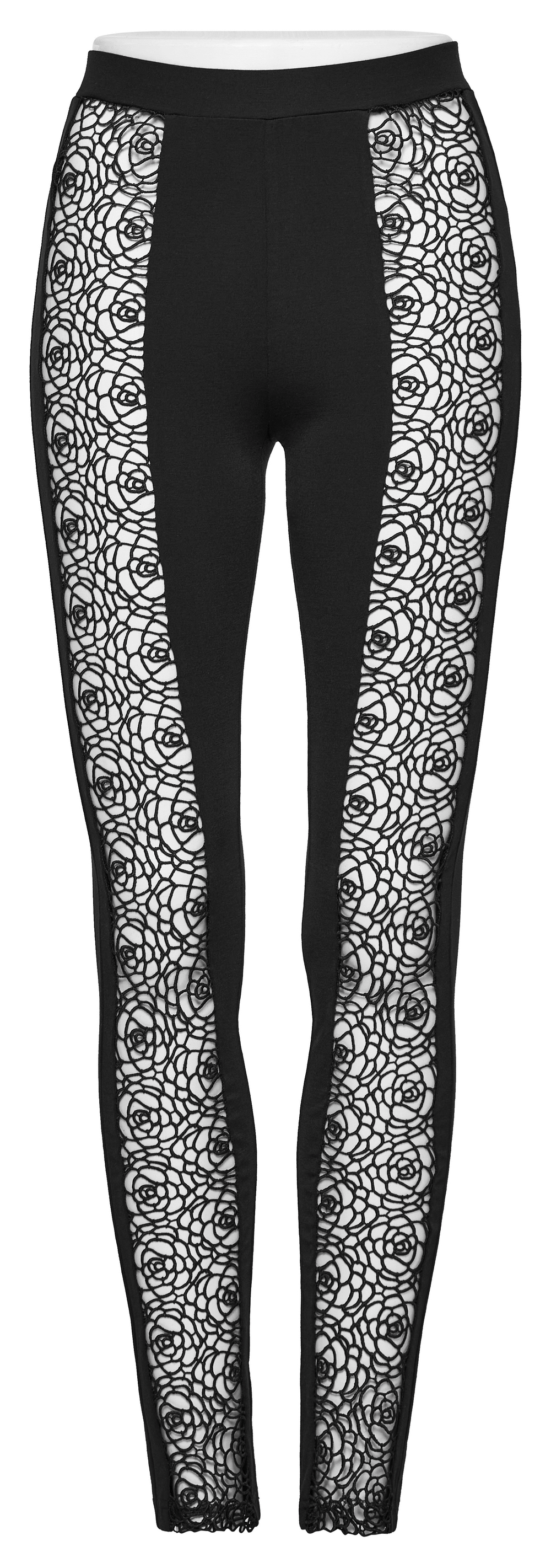 Elegant black lace hollow-out leggings showing intricate lace patterns, perfect for a gothic look.