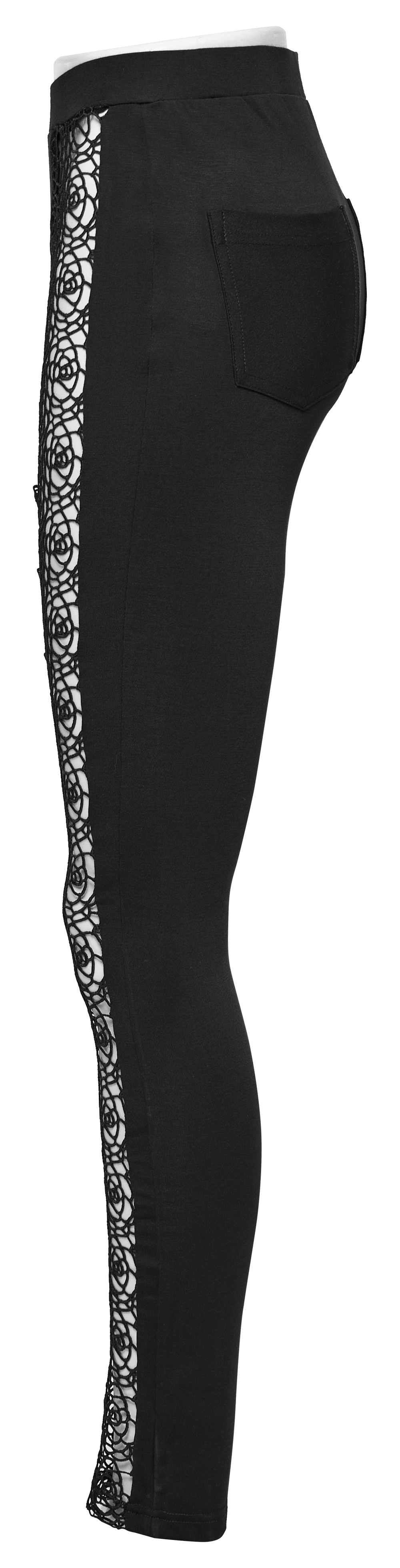 Elegant black lace hollow-out leggings with slim fit and intricate lace detailing on the sides, perfect for a goth-inspired look.