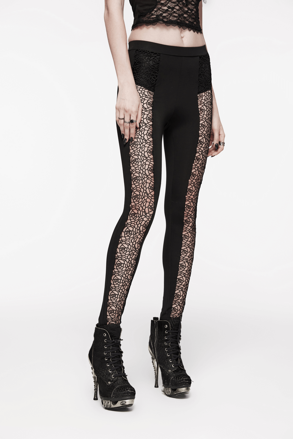 Elegant black lace hollow-out slim fit leggings, perfect for a gothic style outfit with stylish platform boots.