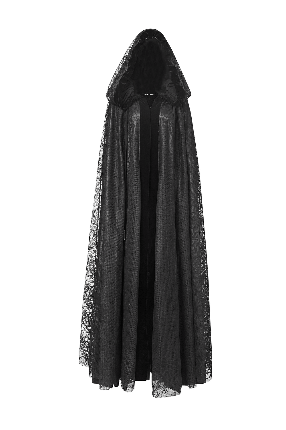 Elegant black lace hooded cloak with floral accents, perfect for mystical style and Gothic fashion statements.