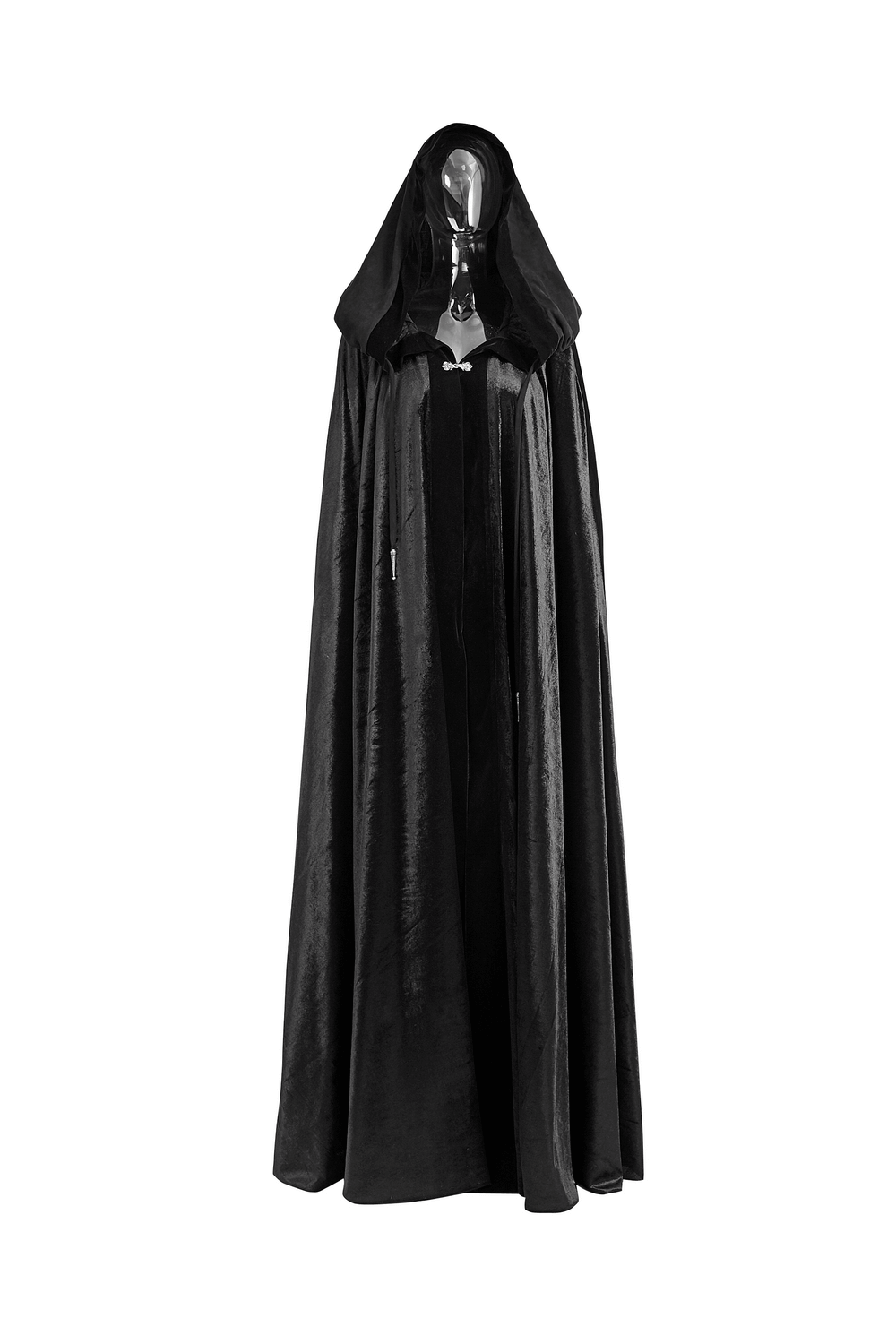Elegant black lace hooded cloak, featuring luxurious velvet fabric and floral accents, perfect for mystical fashion statements.