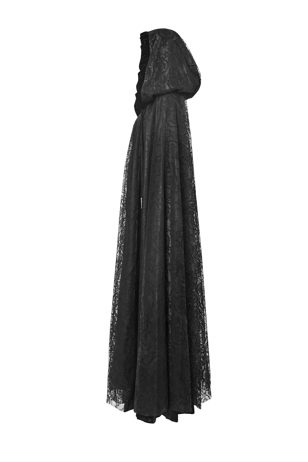 Elegant black lace hooded cloak, featuring floral accents and a luxurious velvet design, perfect for a mystical style.