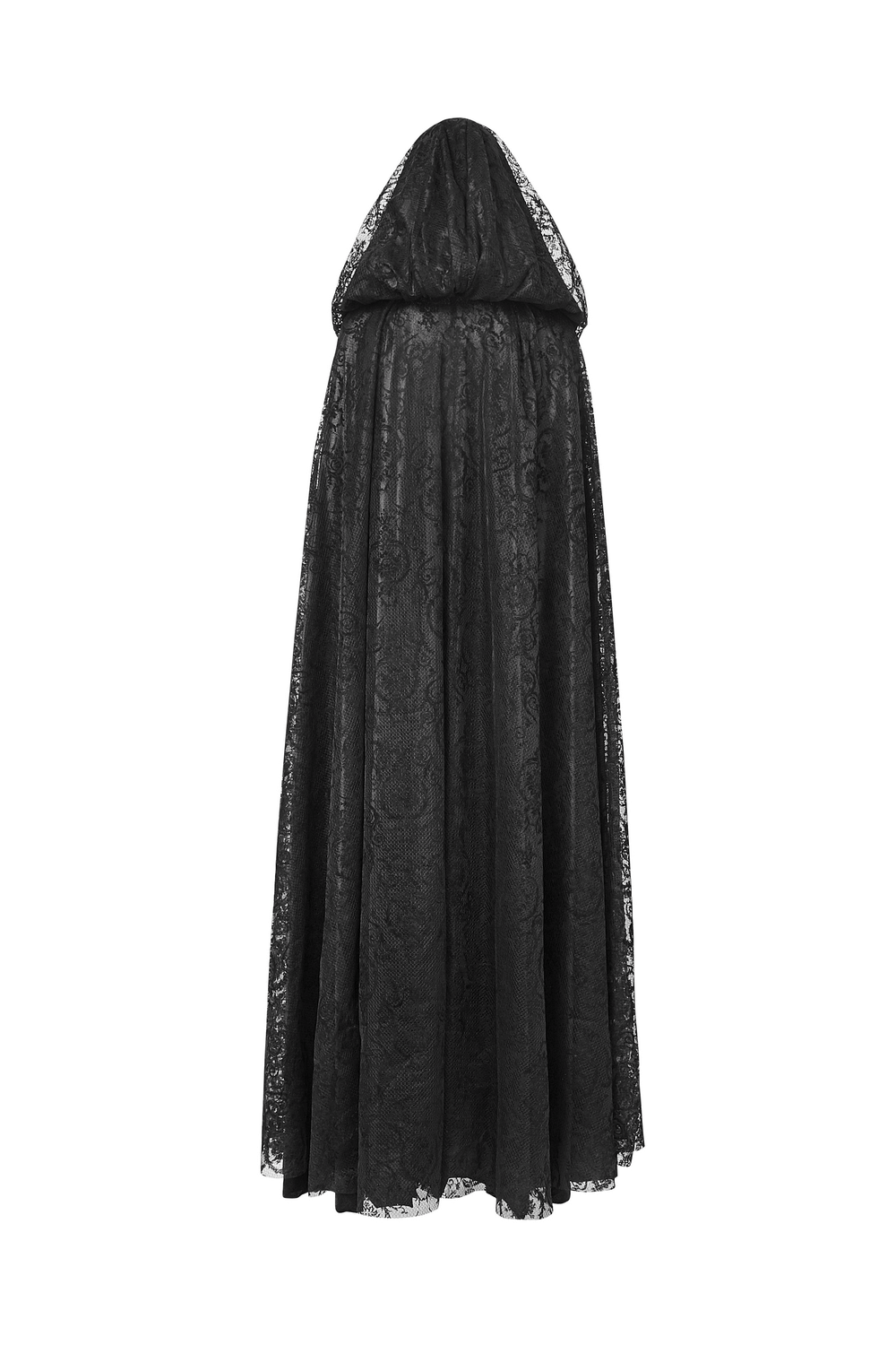 Elegant black lace hooded cloak with floral patterns, perfect for a mystical and Gothic fashion statement.