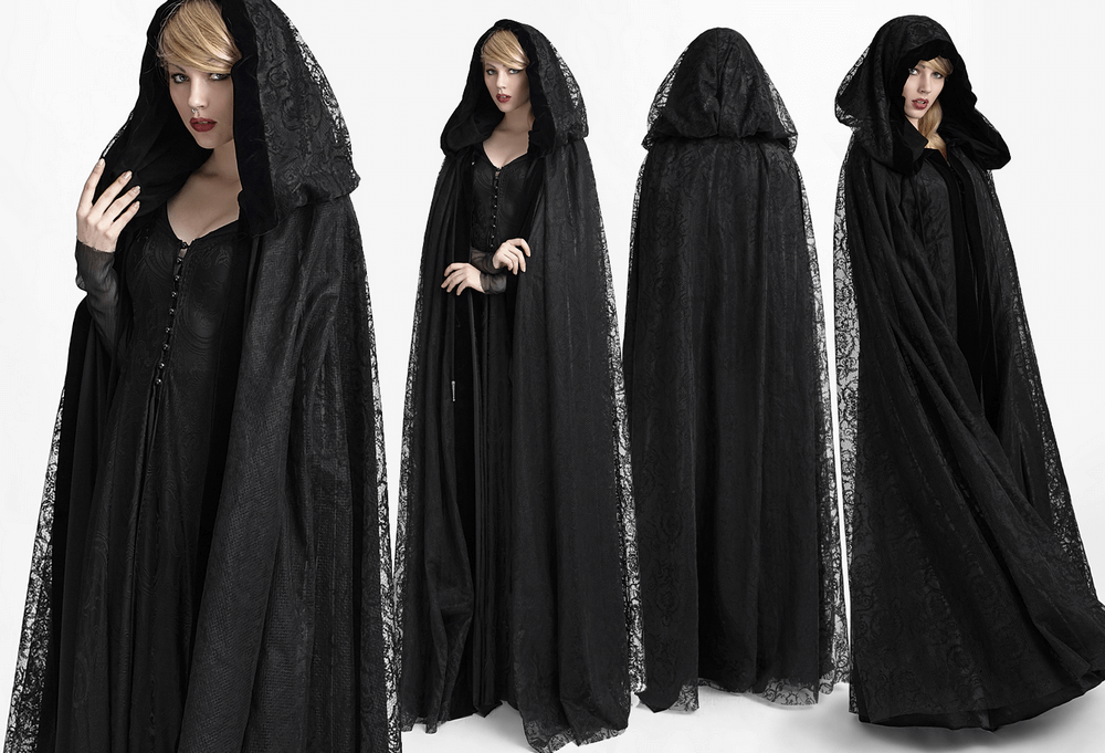 Elegant black lace hooded cloak with floral accents, perfect for Gothic fashion and mystical styles.