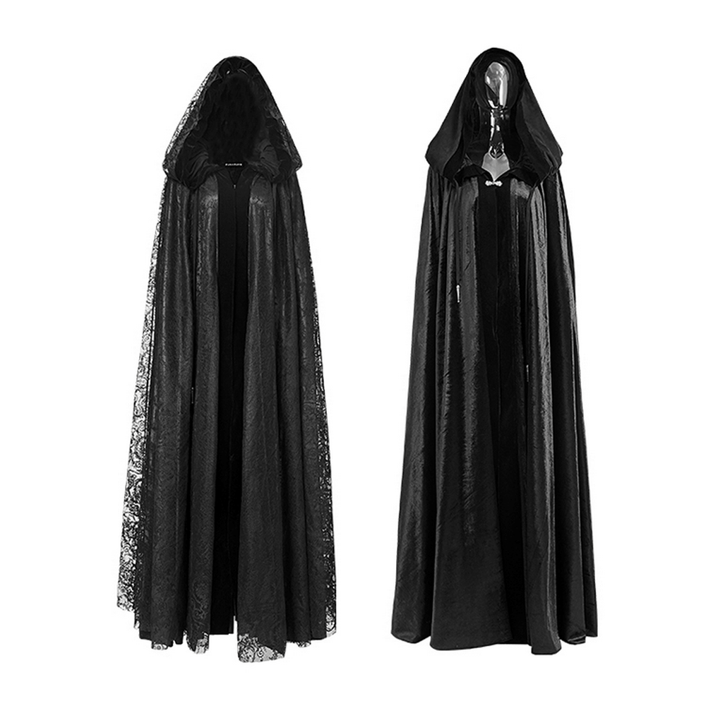 Elegant black lace hooded cloak showcasing luxurious velvet and floral accents, perfect for a mystical fashion statement.