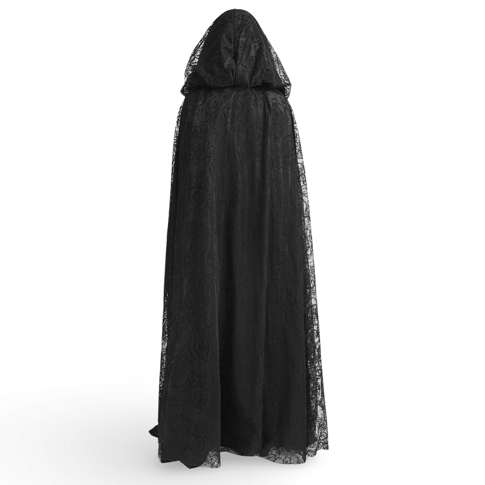 Elegant black lace hooded cloak showcasing floral design, perfect for a mystical or gothic fashion statement.