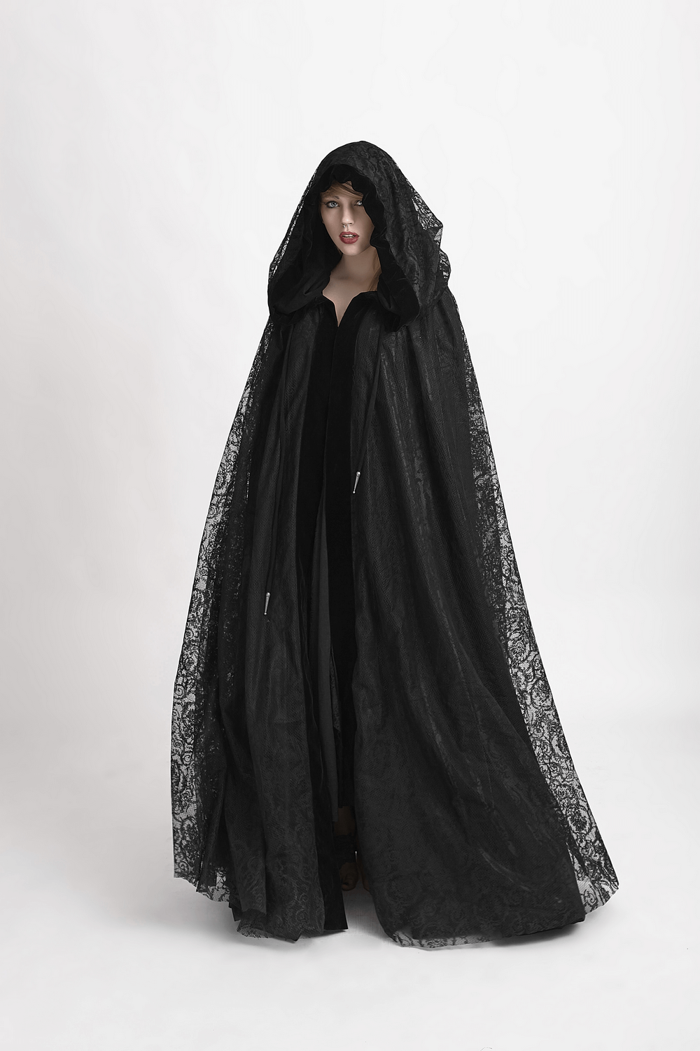 Elegant black lace hooded cloak with velvet accents for a mystical gothic style.