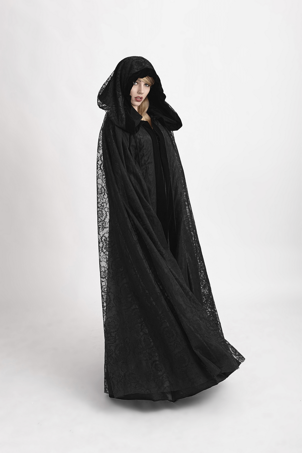 Elegant black lace hooded cloak with velvet accents, perfect for mystical styles and gothic fashion statements.