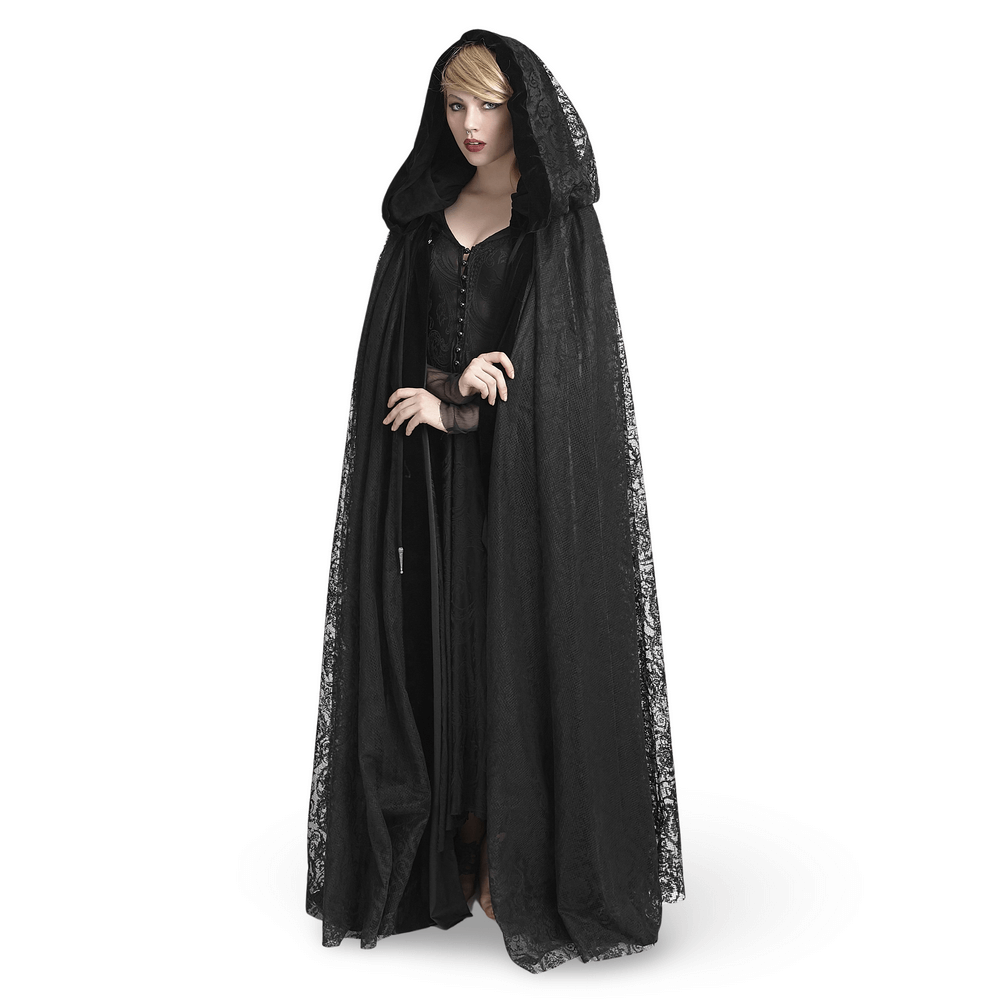 Elegant black lace hooded cloak draping over a model, showcasing gothic style and velvet accents for a mystical look.