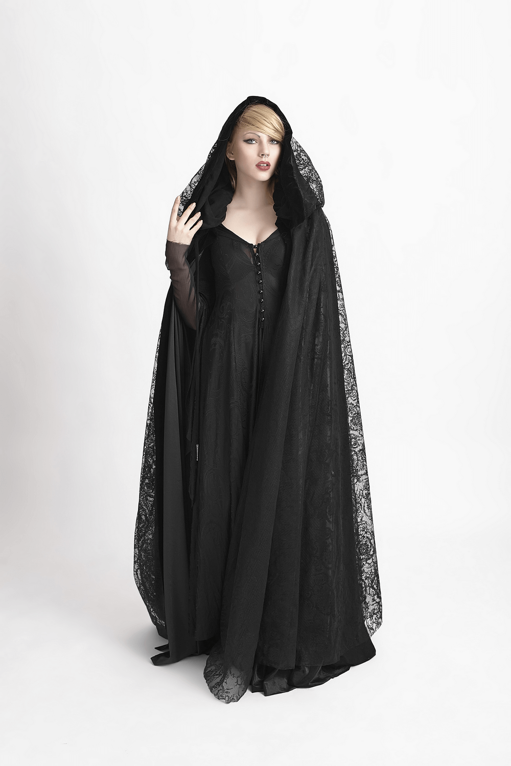 Elegant black lace hooded cloak featuring floral accents, perfect for a mystical gothic style.