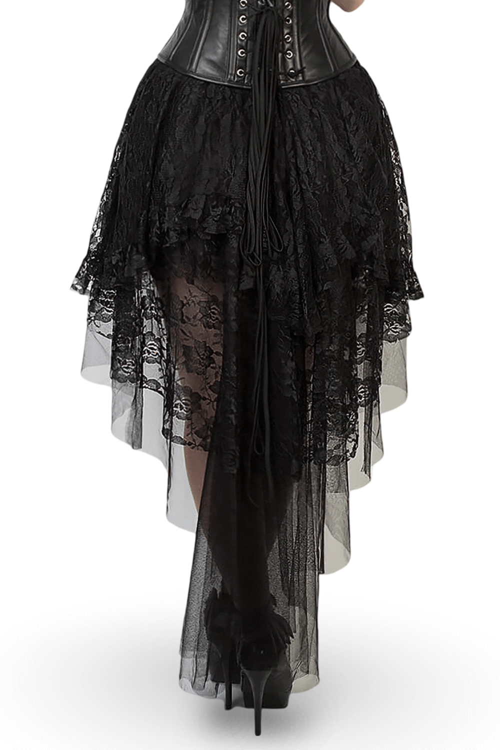 Elegant black lace layered gothic skirt with crepe, perfect for gothic fashion lovers.