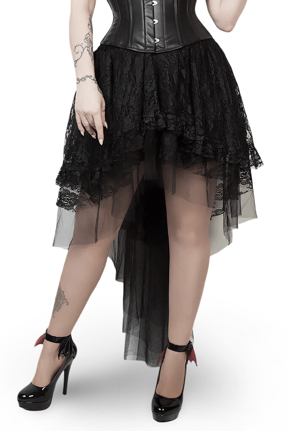 Elegant black lace layered gothic skirt paired with a stylish corset and chic heels.