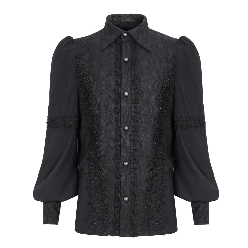 Elegant black lace long sleeve gothic shirt for men with button-up front and intricate lace detailing.