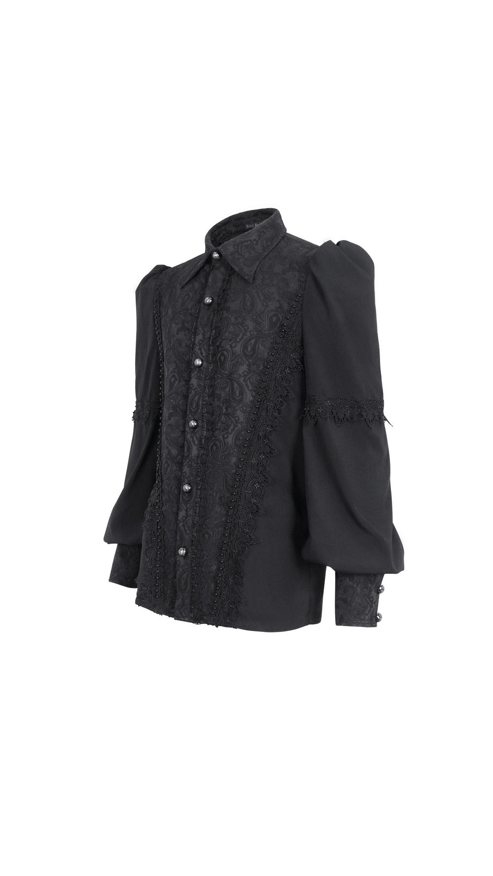 Elegant black lace long sleeve shirt for men with intricate detailing, perfect for stylish occasions and versatile looks.