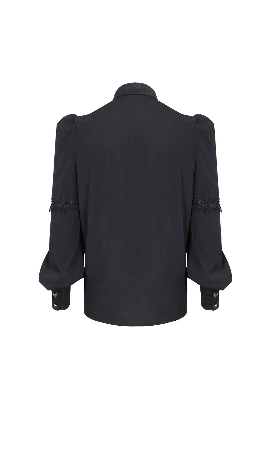 Back view of a stylish black lace long sleeve gothic shirt for men, featuring elegant puff sleeves and button details.