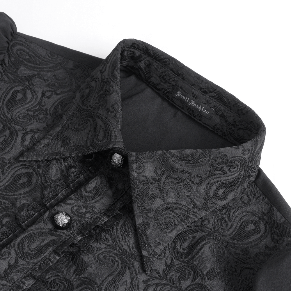 Elegant black lace long sleeve goth shirt with intricate detailing and stylish collar for men.