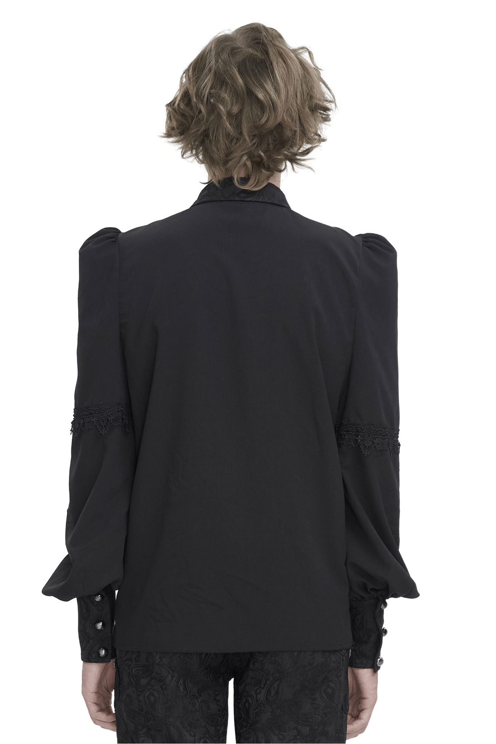 Back view of a stylish black lace long sleeve gothic shirt for men featuring puffed sleeves and intricate lace detailing.
