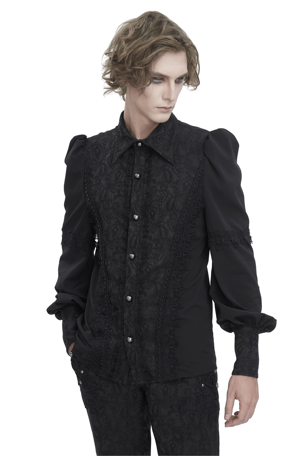 Elegant black lace long sleeve shirt for men, featuring intricate lace detailing and button-up front.