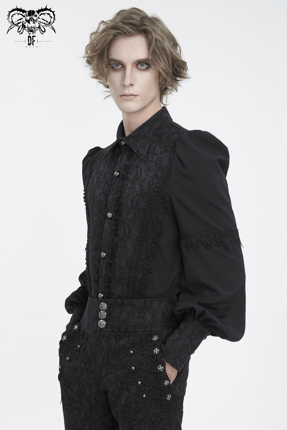 Elegant black lace long sleeve Gothic shirt for men with stylish button-up design and intricate detailing.