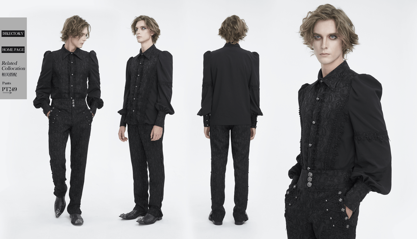 Elegant black lace long sleeve shirt for men showcased in a stylish outfit, perfect for Gothic fashion enthusiasts.