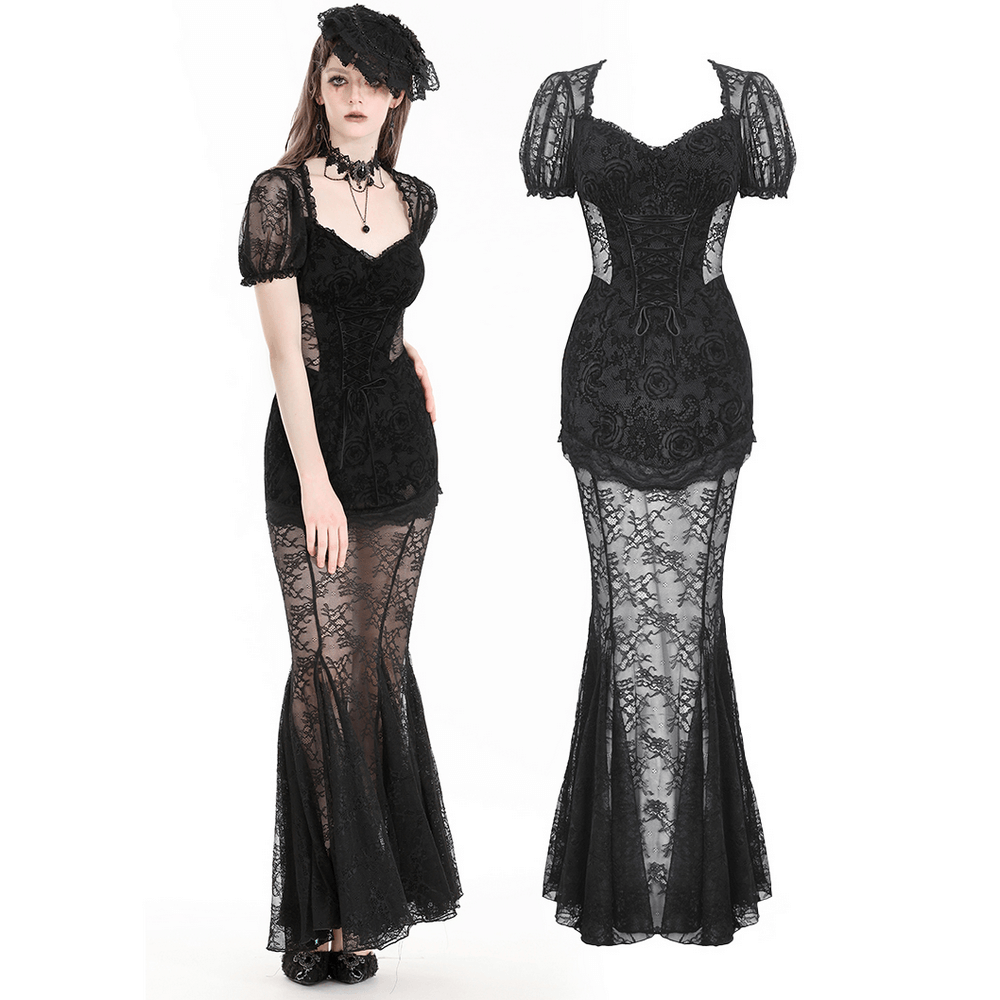 Elegant black lace mermaid dress with floral details, featuring a sophisticated lace bodice and flared skirt.