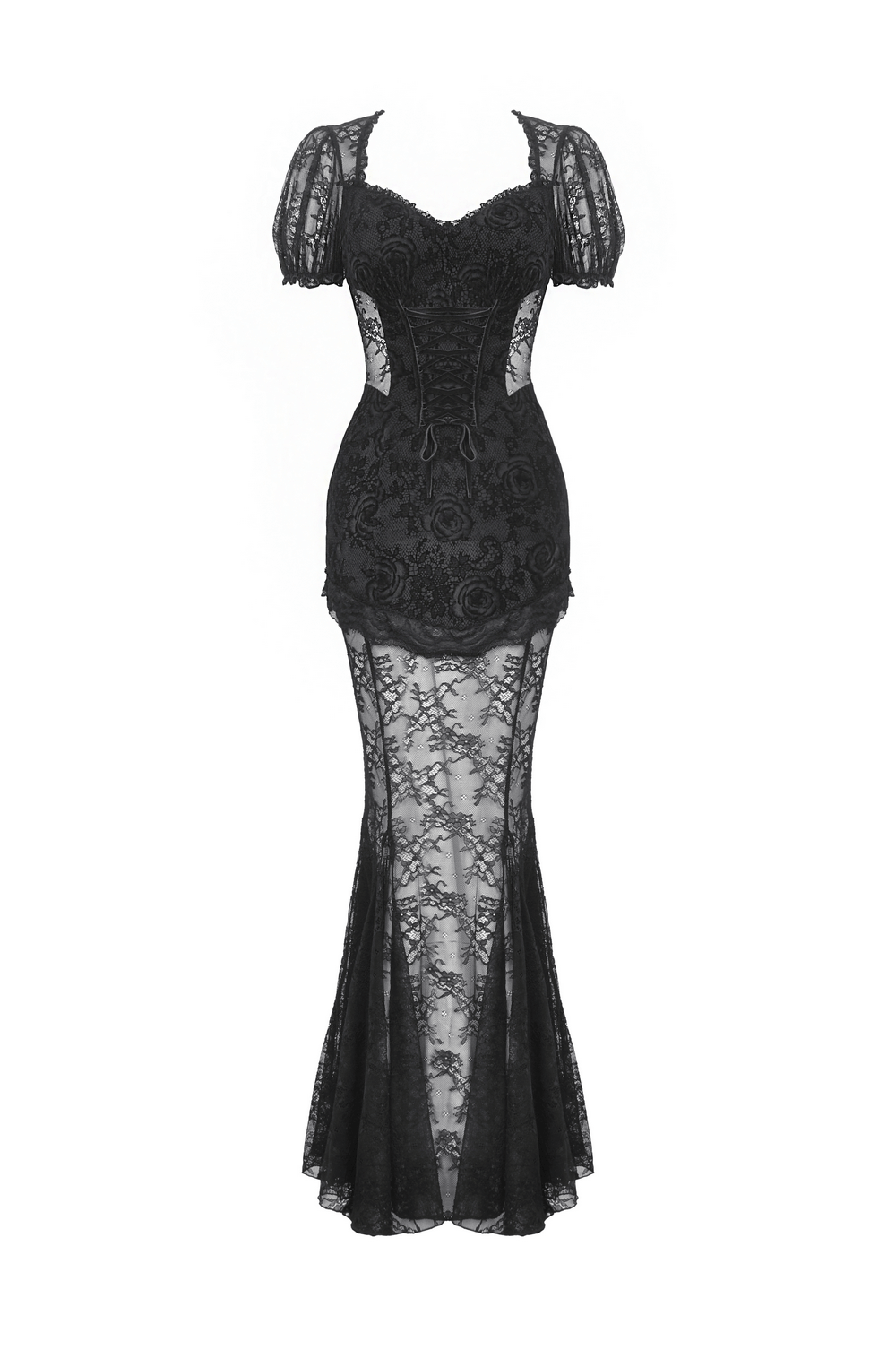 Elegant black lace mermaid dress with floral detail and short sleeves, perfect for special occasions.