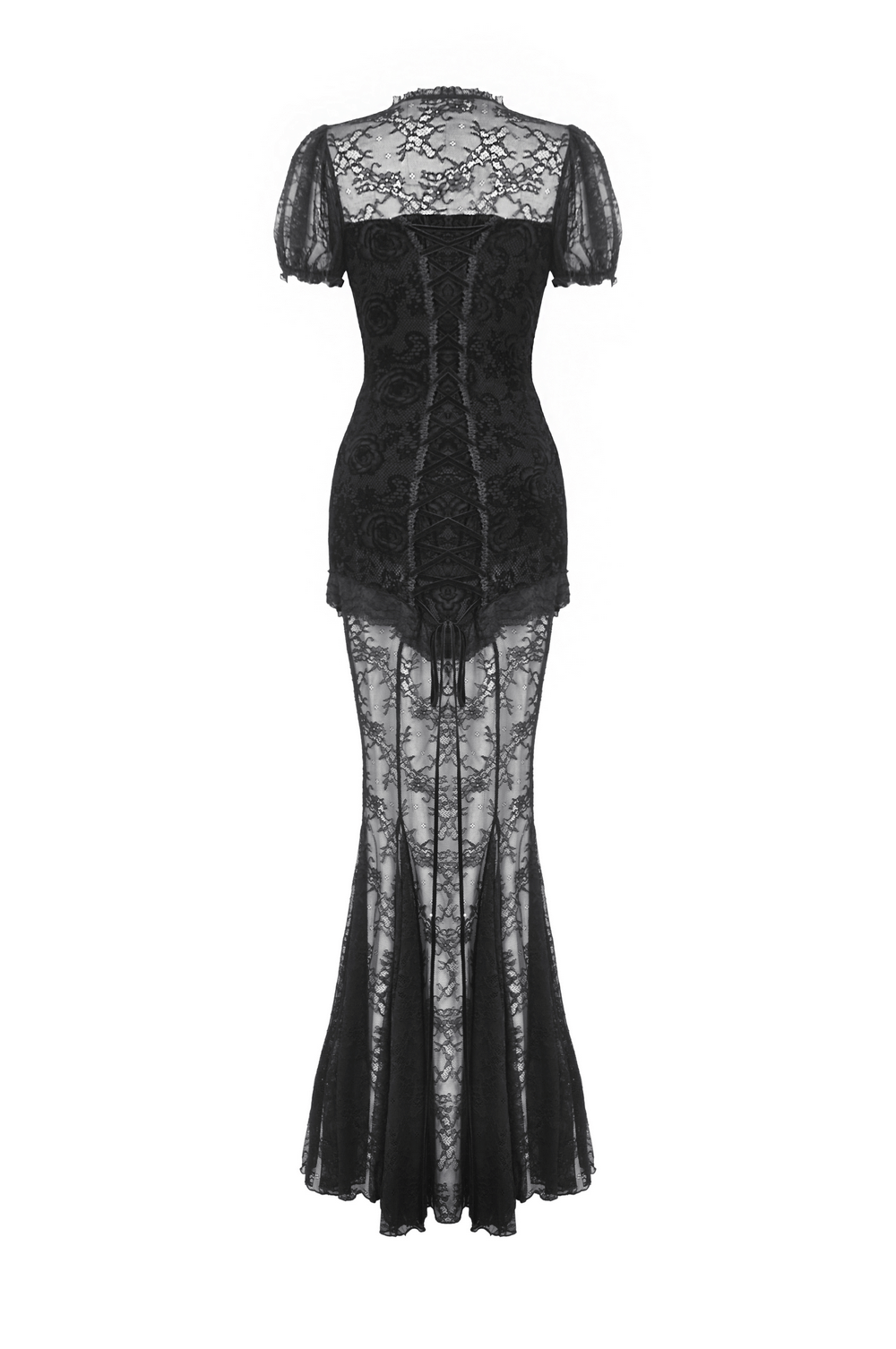 Elegant black lace mermaid dress featuring floral detail, perfect for special occasions with a sophisticated silhouette.