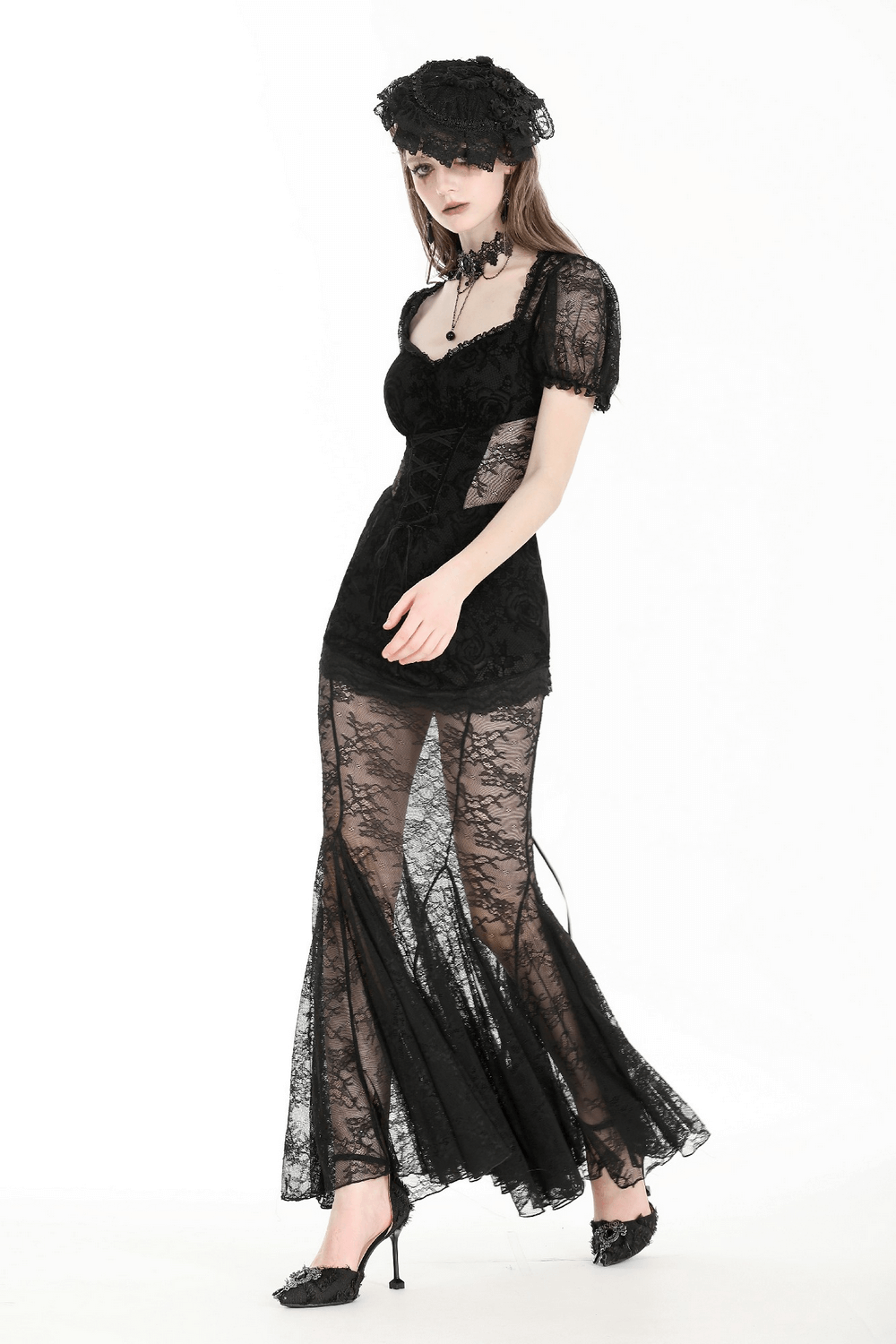 Elegant black lace mermaid dress with floral detail, perfect for sophisticated special occasions.