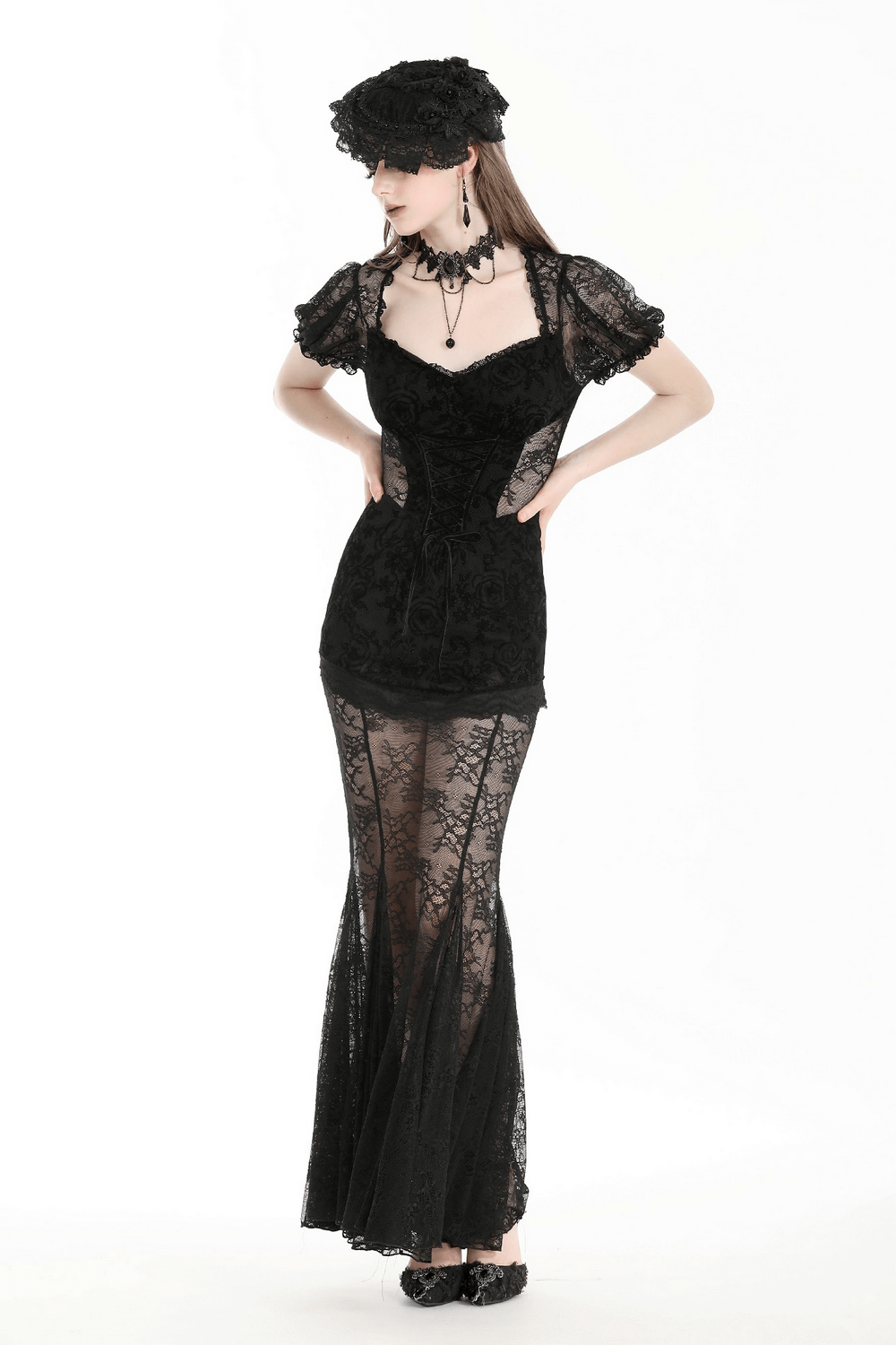 Elegant black lace mermaid dress with floral detail, featuring a sophisticated bodice and flared skirt for special occasions.