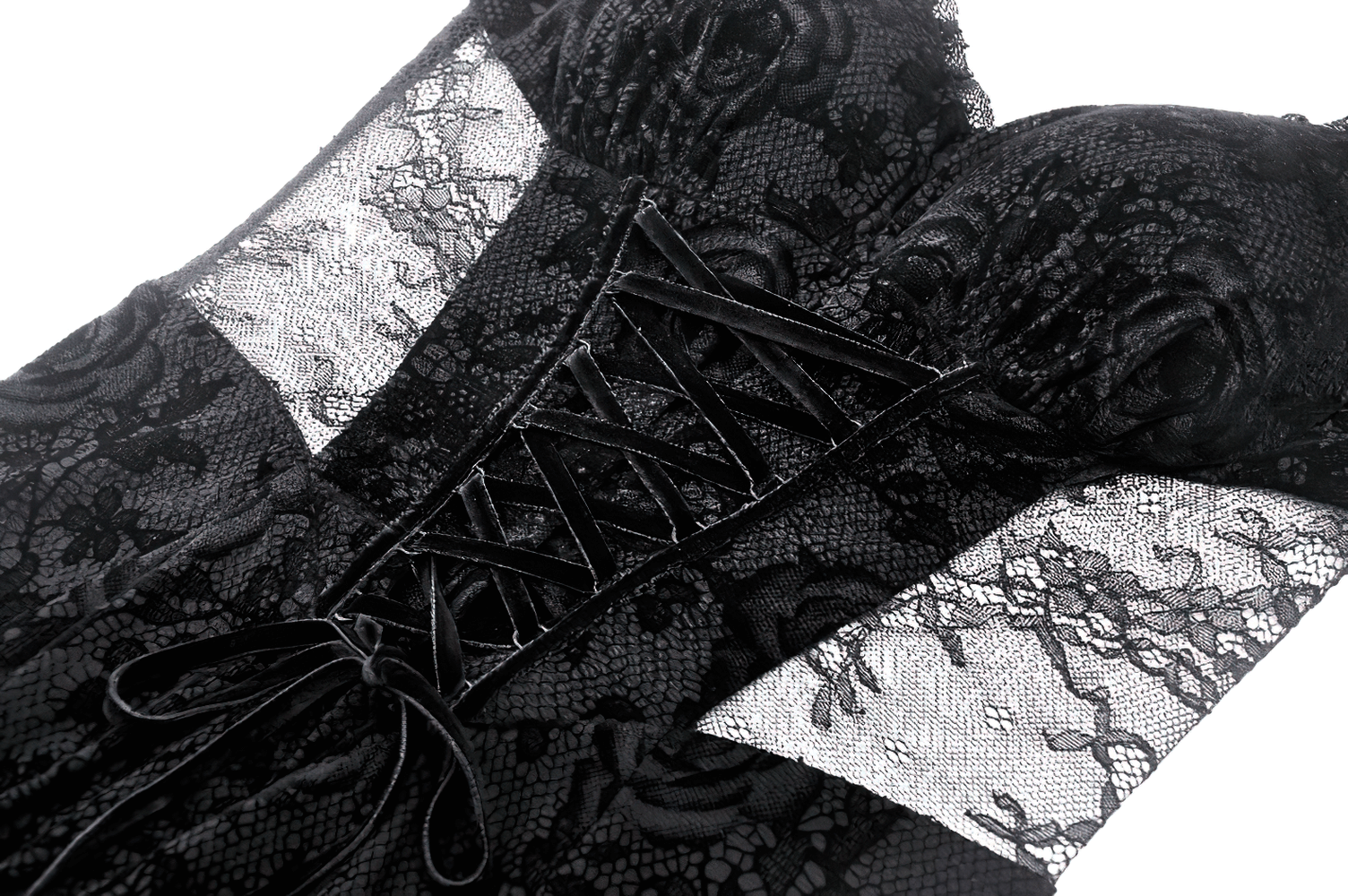 Elegant black lace dress with floral detail showcasing intricate bodice and alluring neckline.
