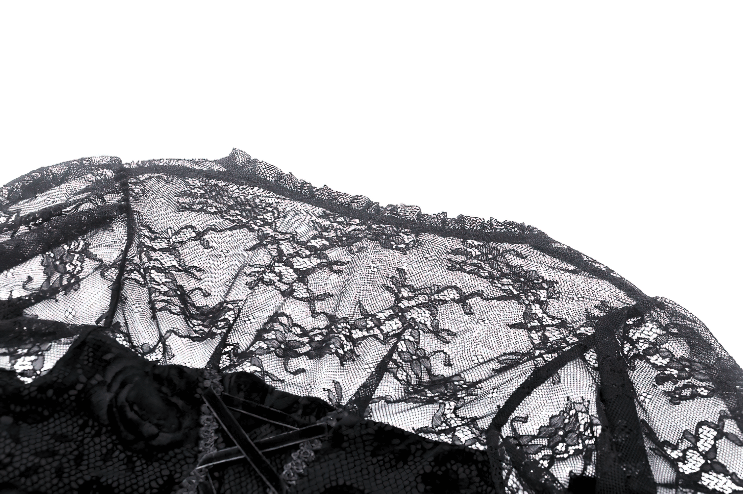 Close-up of elegant black lace fabric with intricate floral detailing for a mermaid dress.