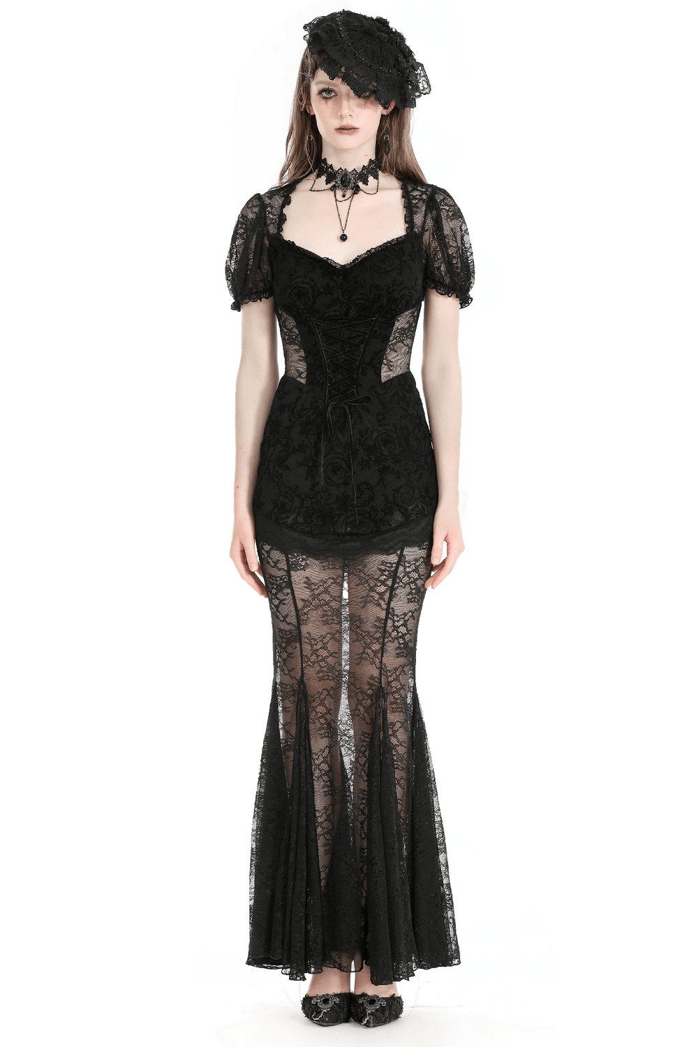 Elegant black lace mermaid dress with floral detail, perfect for special occasions and upscale events.