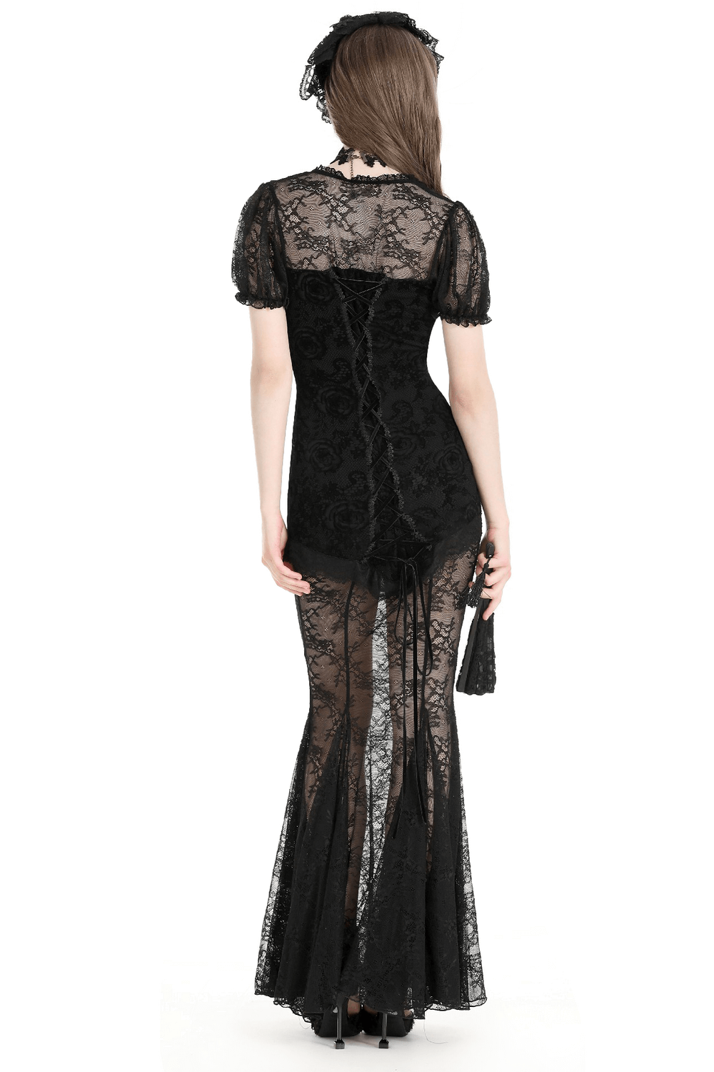 Back view of an elegant black lace mermaid dress with floral detail, featuring delicate short sleeves and a flared skirt.