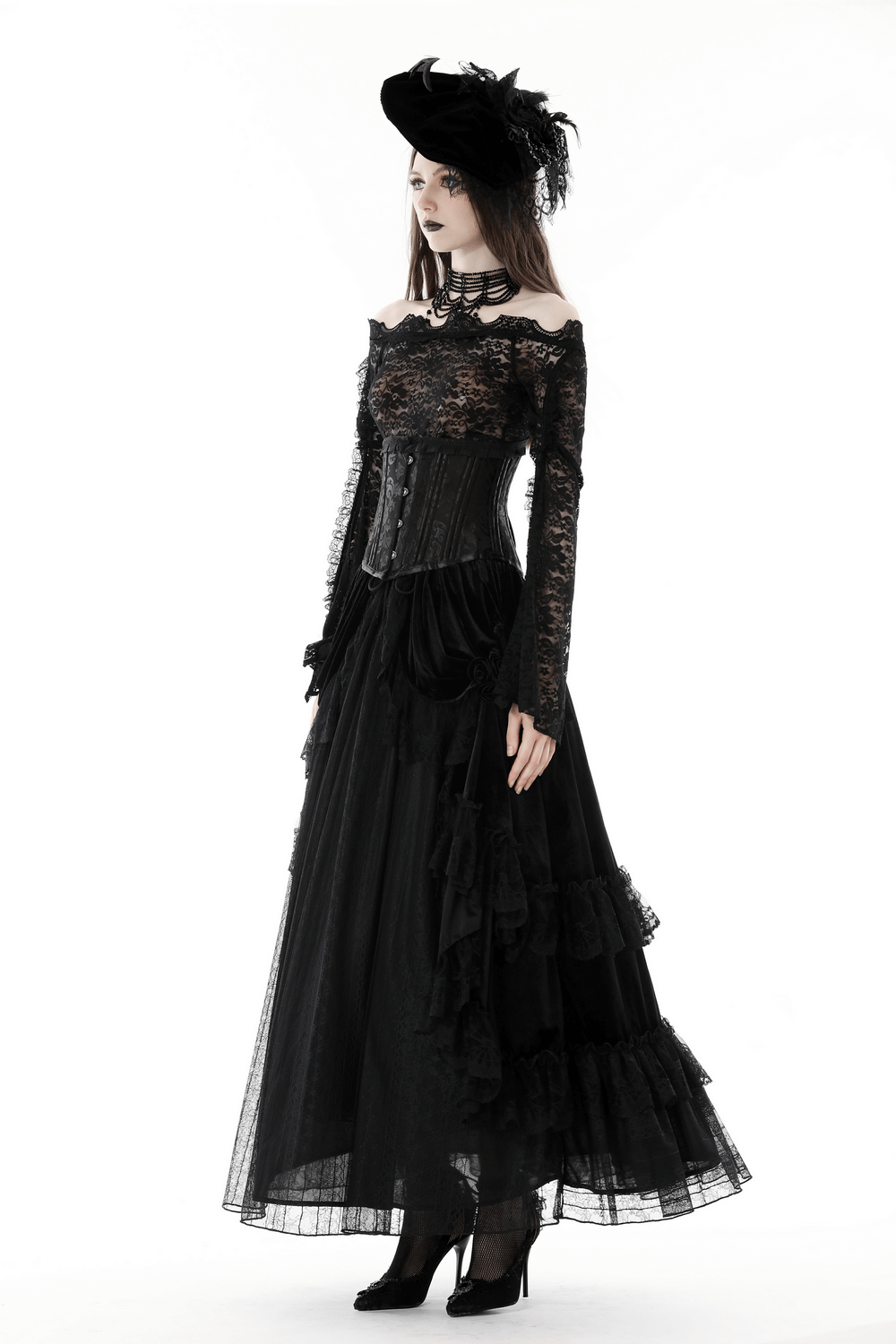 Elegant Black Lace Off-Shoulder Bell Sleeves Top