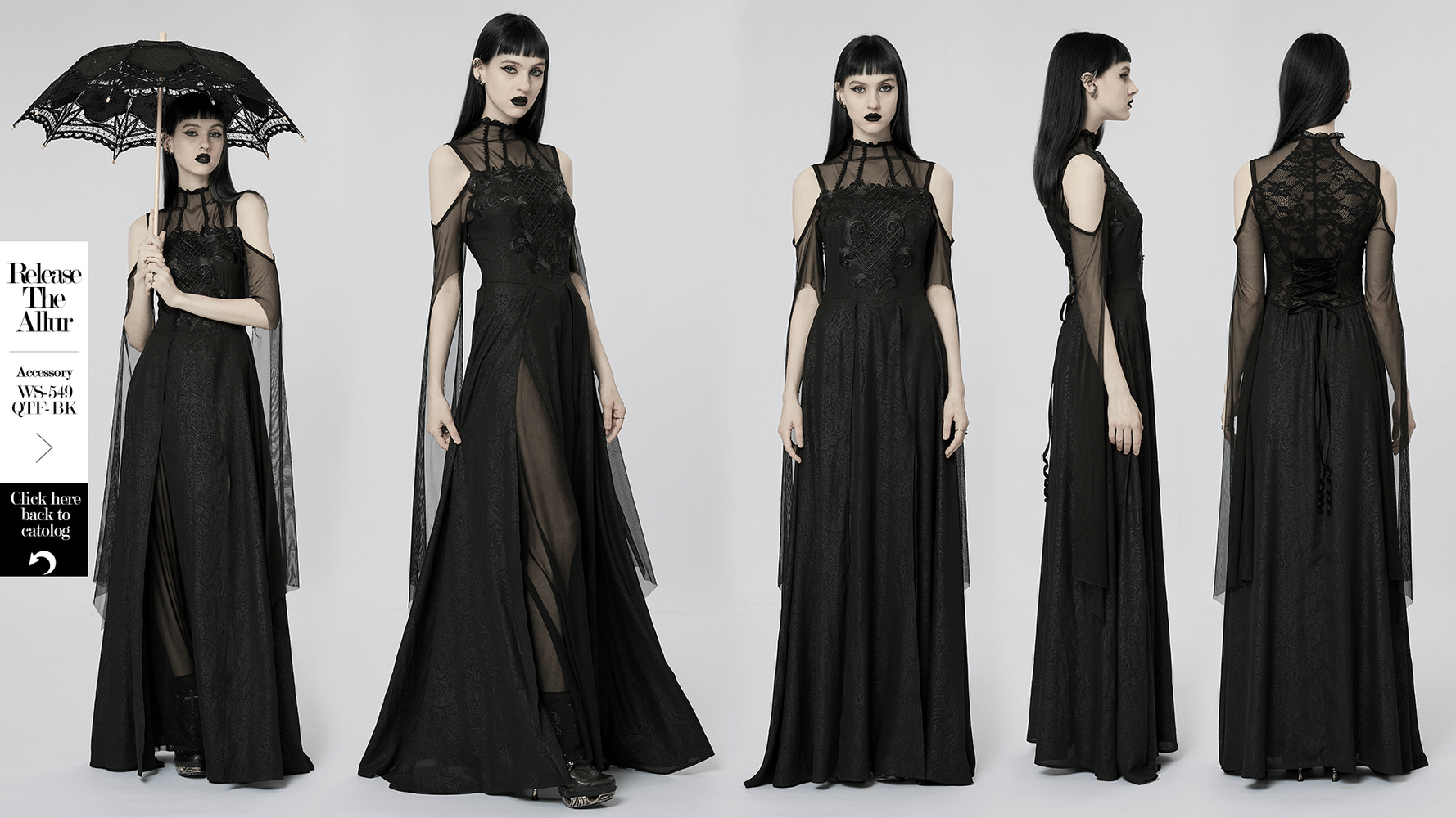 Elegant black lace off-the-shoulder dress with trumpet sleeves and slit skirt, perfect for gothic parties.