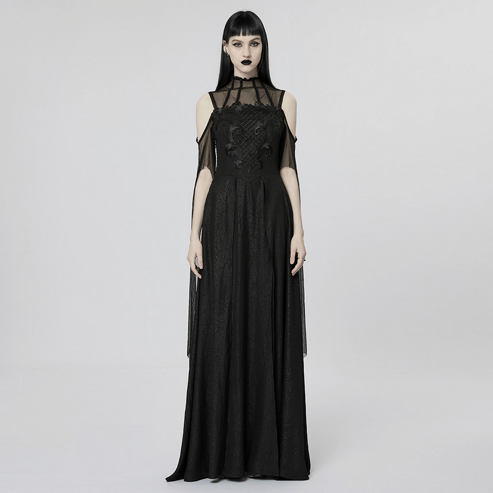 Elegant black lace off-the-shoulder long party dress with gothic charm and stand collar, model wearing it.