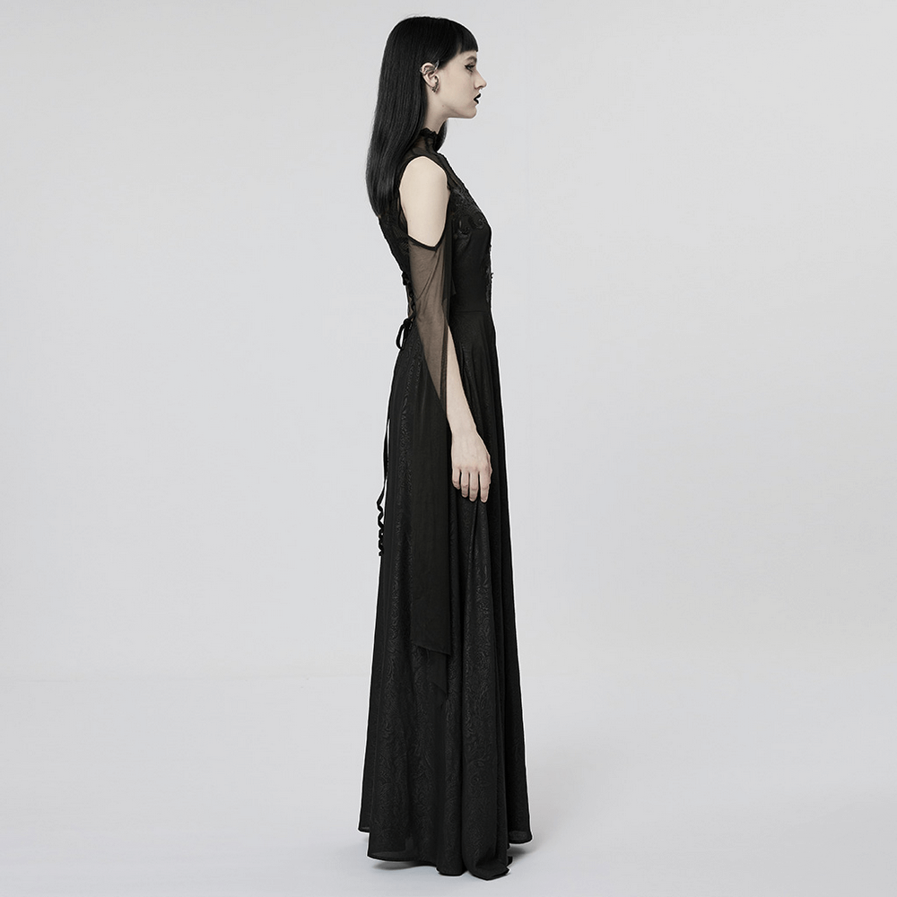 Elegant black lace off-the-shoulder long party dress showcasing side view with irregular trumpet sleeves.