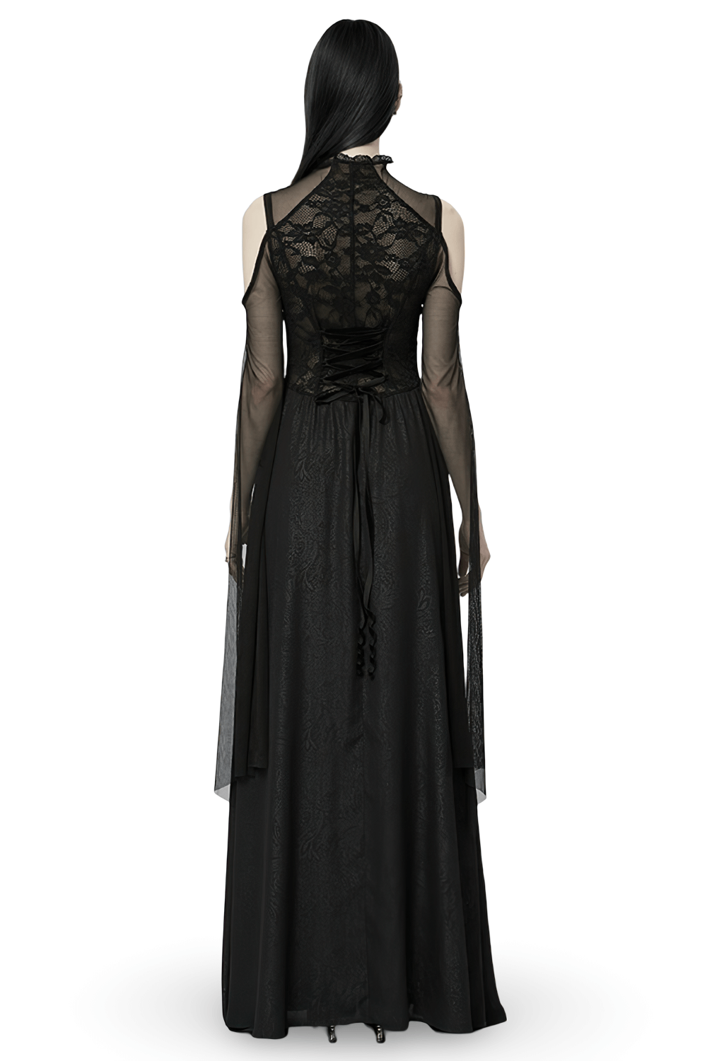 Back view of an elegant black lace off-the-shoulder long party dress with sheer sleeves and velvet drawstrings.