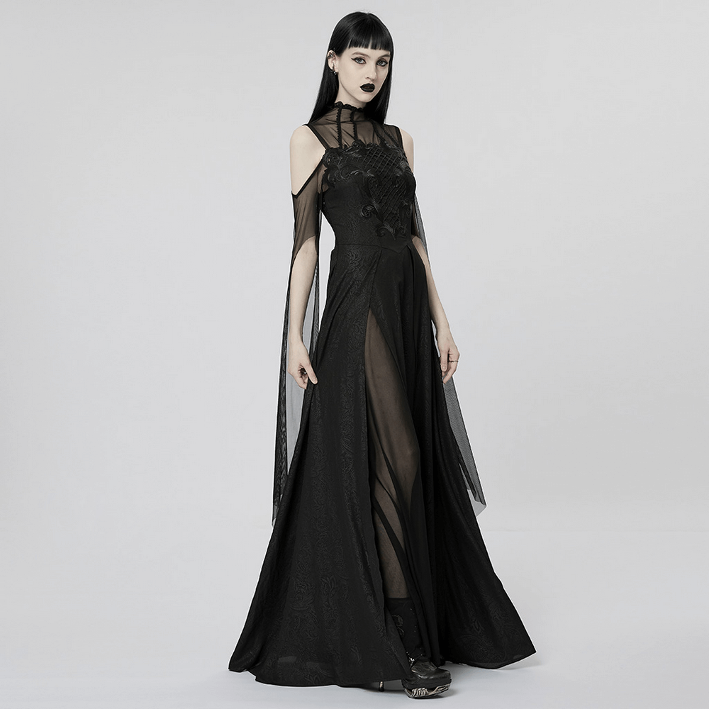 Elegant black lace off-the-shoulder long party dress with trumpet sleeves and slit skirt, embodying gothic charm.