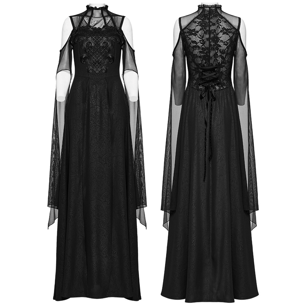 Elegant black lace off-the-shoulder long party dress featuring trumpet sleeves and a chic back design.