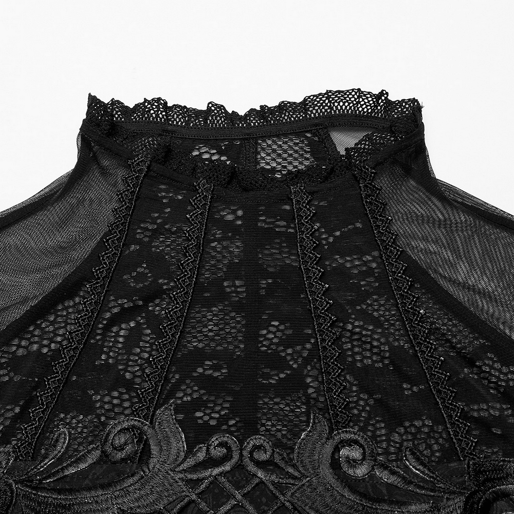 Close-up of elegant black lace neckline featuring intricate details and a high collar design.