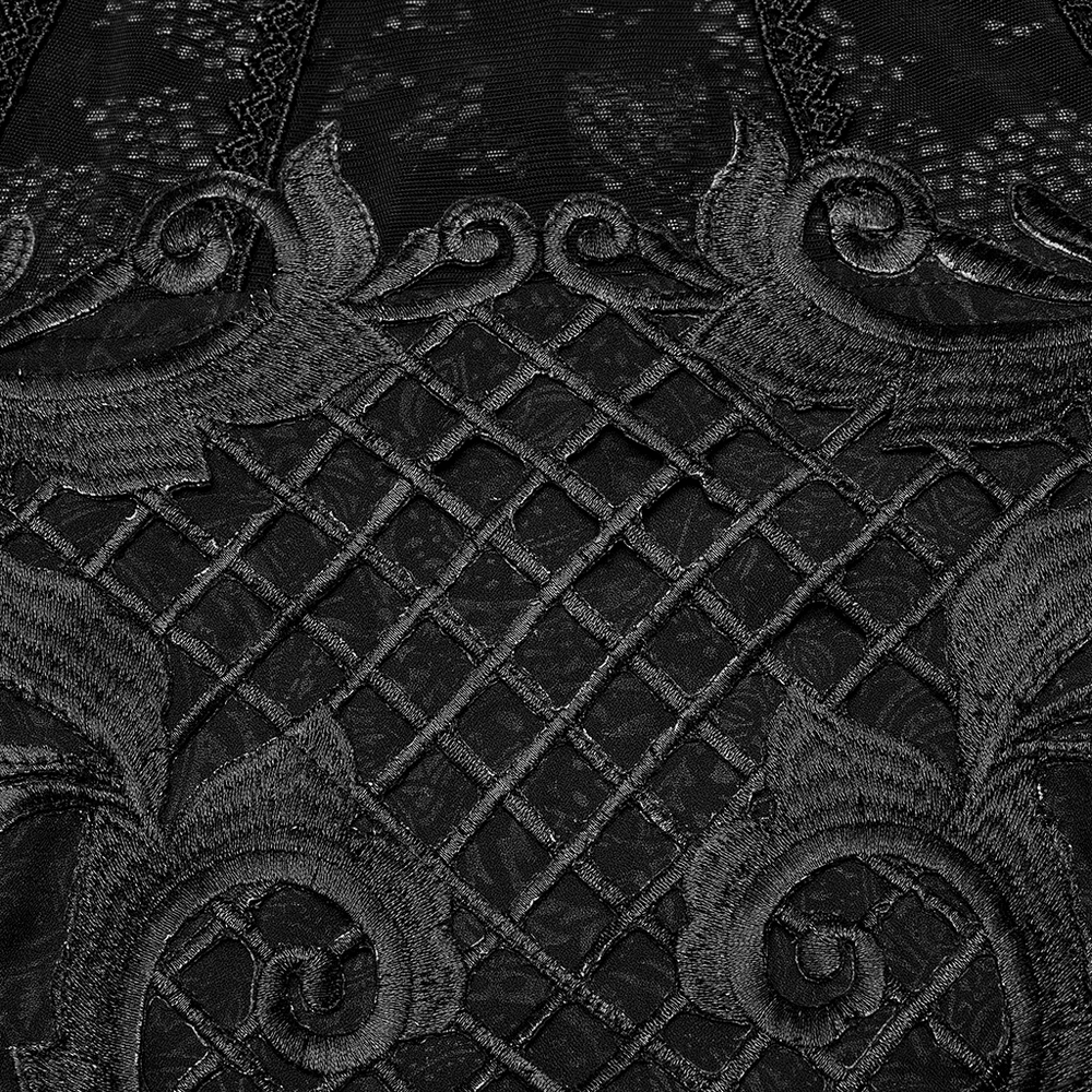 Intricate black lace detailing on an elegant dress, showcasing gothic charm and stylish design.